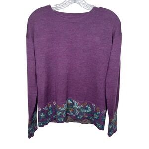 Tunki Purple Paisley Floral Trim Knit Sweater Long Sleeve Women's‎ Baby Alpaca